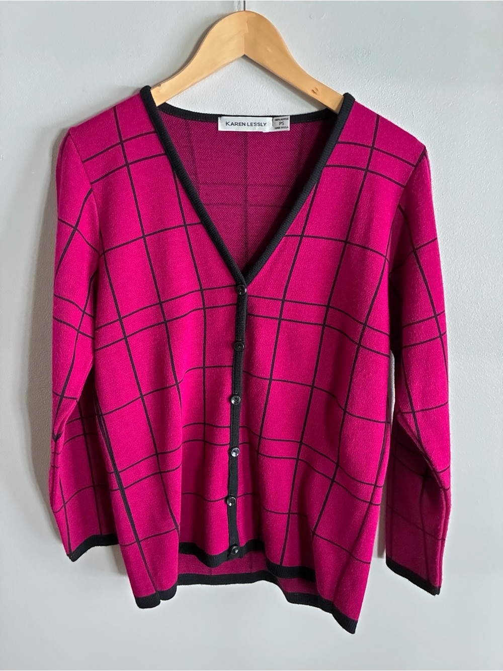 Vintage Karen Lessly Cardigan PS Pink Black Windowpane Plaid Button Front USA